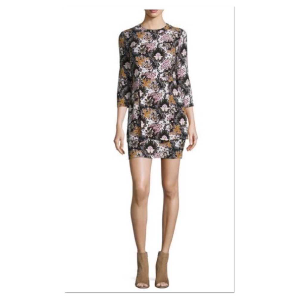 A.L.C. Tordi Printed 100% Silk Tiered 3/4 Sleeve Mini Dress Sz 2 Multi Color